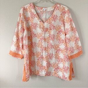 J JILL Plus Size Linen Tunic Top Coral Print Resort Vacation Lagenlook Beach 2X